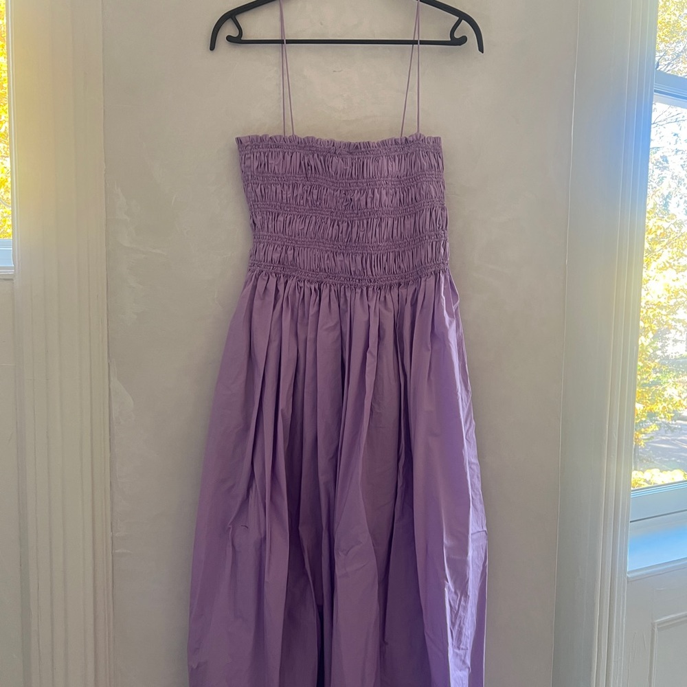 Shirred organic cotton poplin midi dress